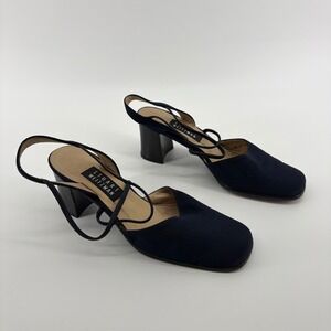 Stuart Weitzman Slingback Pump Navy Blue Size 7.5 M Square Toe Block Heel Spain